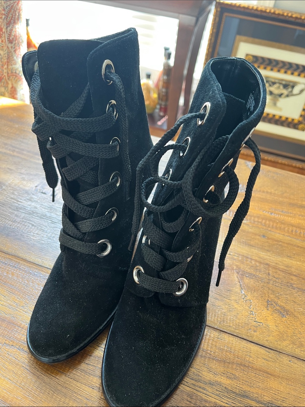 Women's Black Lace-Up Suede Ankle Boots with Chunky Laces